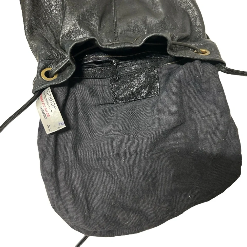 TopShop Real Leather Bucket Crossbody Bag with Tassels Grayish Black Color - Picture 7 of 8